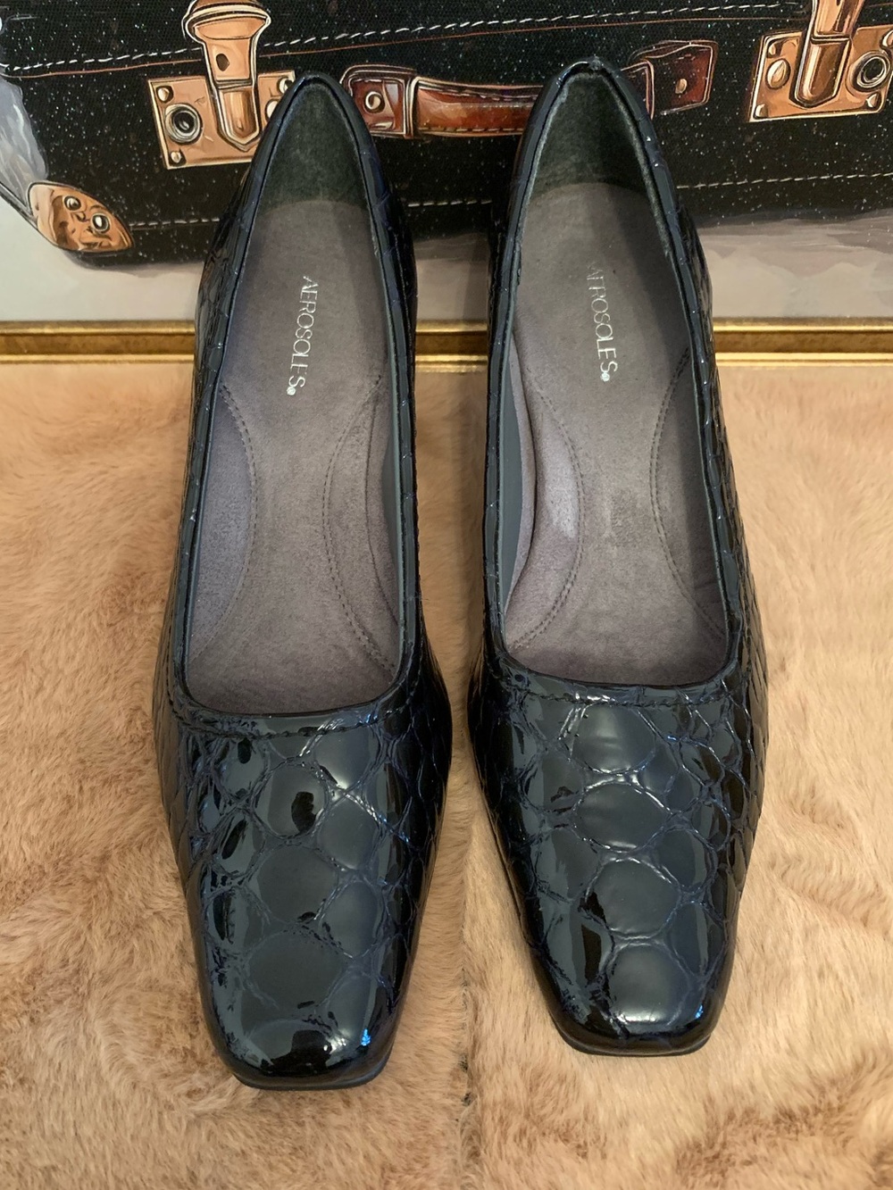 AEROSOLES Black Patent Croc Square-Toe Pumps SL016